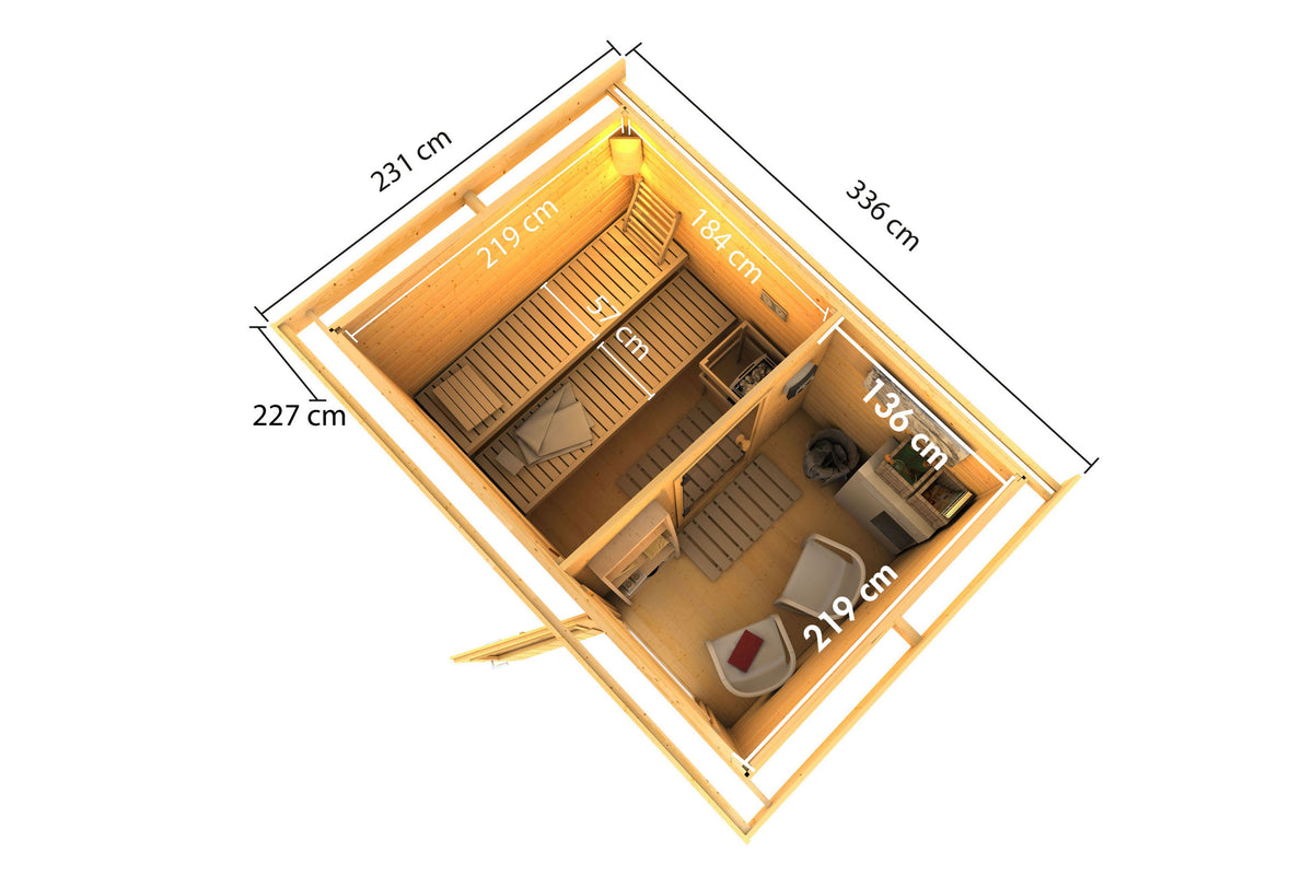 Tuinsauna "Sauna House Skrollan 2 met voorkamer" 4 personen, zonder kachel, deur van matglas