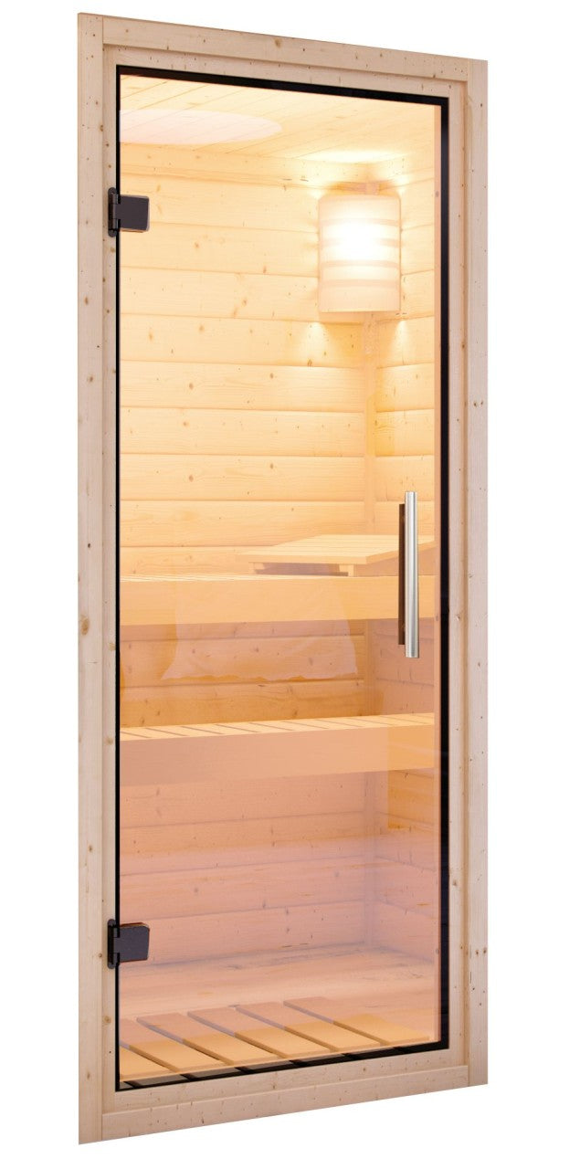 "Sauna Larin" voor 2 personen, zonder oven, glazen deur (transparant) met dakrand. - Sauna Service