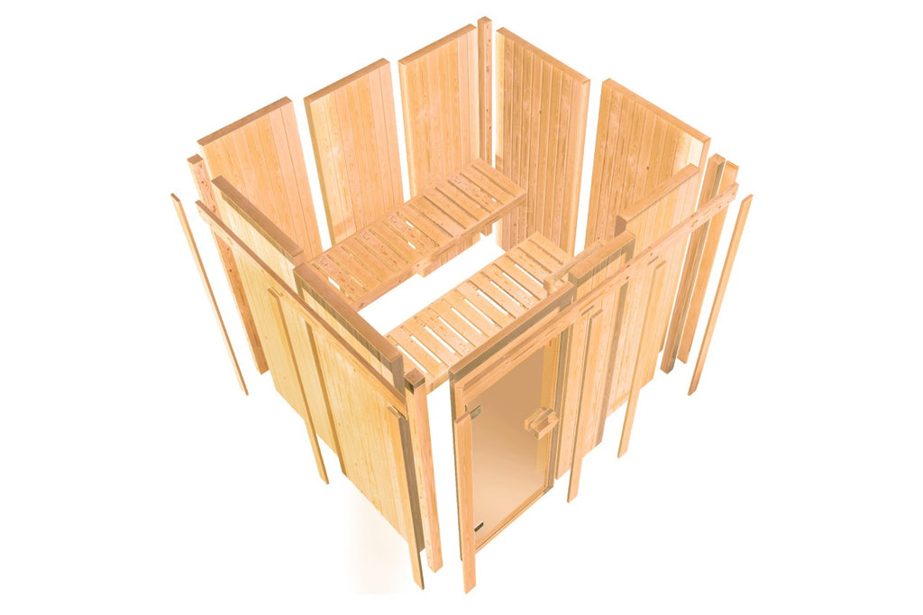 "Sauna Larin" voor 2 personen, zonder oven, glazen deur (transparant) met dakrand. - Sauna Service
