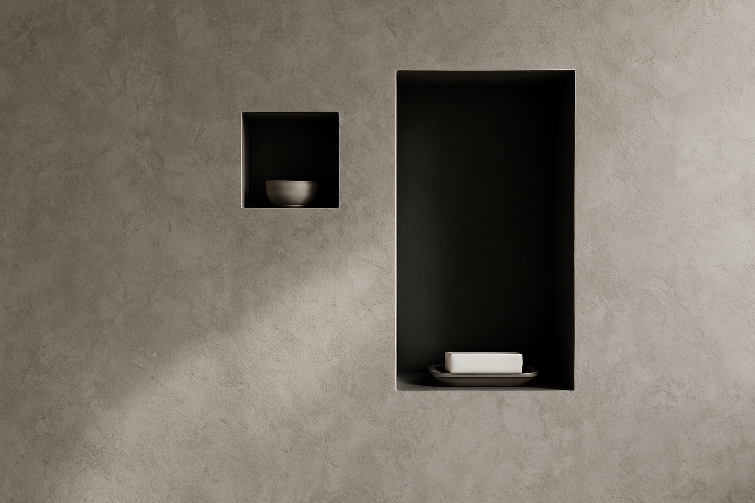 voeg wat texture toe aan de muur, zorg voor minder "vakken" max 1 of 2. en zet iets in de wandnis en klein bakje met zeep ofzo